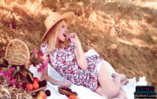 Petite Ukranian teen babe Angel Sway outdoor picnic eating cherries
